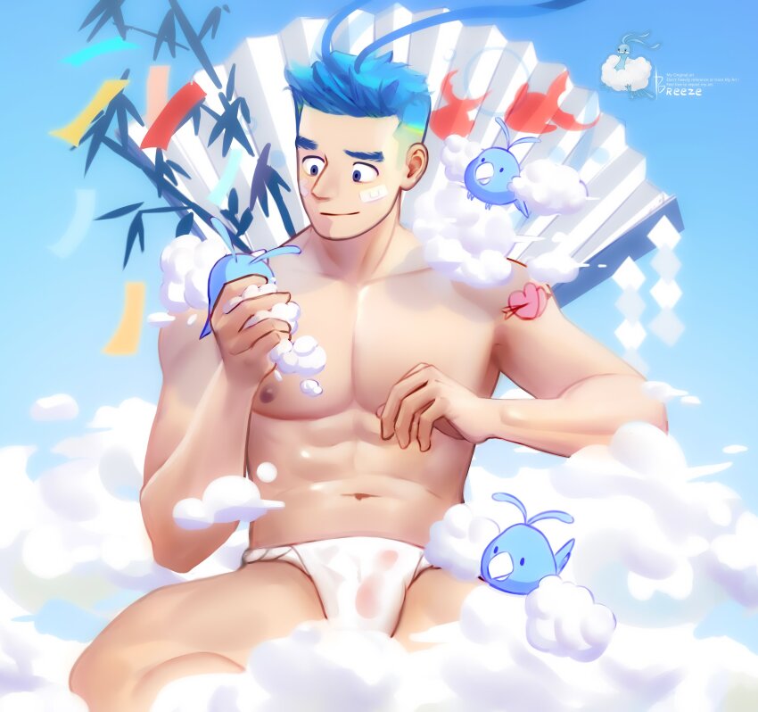 1boy absurdres altaria antenna_hair bamboo bandaid bandaid_on_cheek bandaid_on_face bara blue_eyes blue_hair blue_sky breezem18 bulge cloud cloudy_sky fluffy fundoshi gen_3_pokemon hand_fan heart highres holding japanese_clothes large_pectorals light_smile looking_at_another male_focus male_underwear muscular muscular_male navel nintendo nipples paper_fan pectorals personification pokemon see-through_clothes shoulder_tattoo sitting sky swablu tanabata tattoo thick_eyebrows underwear wet wet_clothes wet_fundoshi