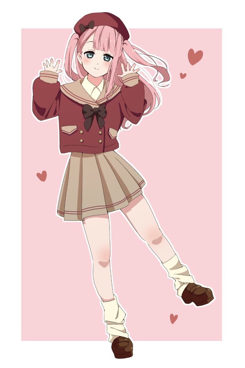 1girl 22/7 alternate_hairstyle asymmetrical_bangs blunt_bangs border brown_shoes brown_skirt closed_mouth green_eyes hands_up hat heart highres jacket kamiki_mikami loafers long_hair looking_at_viewer open_hands outside_border pink_background pink_hair pleated_skirt red_hat red_jacket shoes skirt smile socks solo standing standing_on_one_leg tanpaku_(oqu_2) two_side_up white_border white_socks