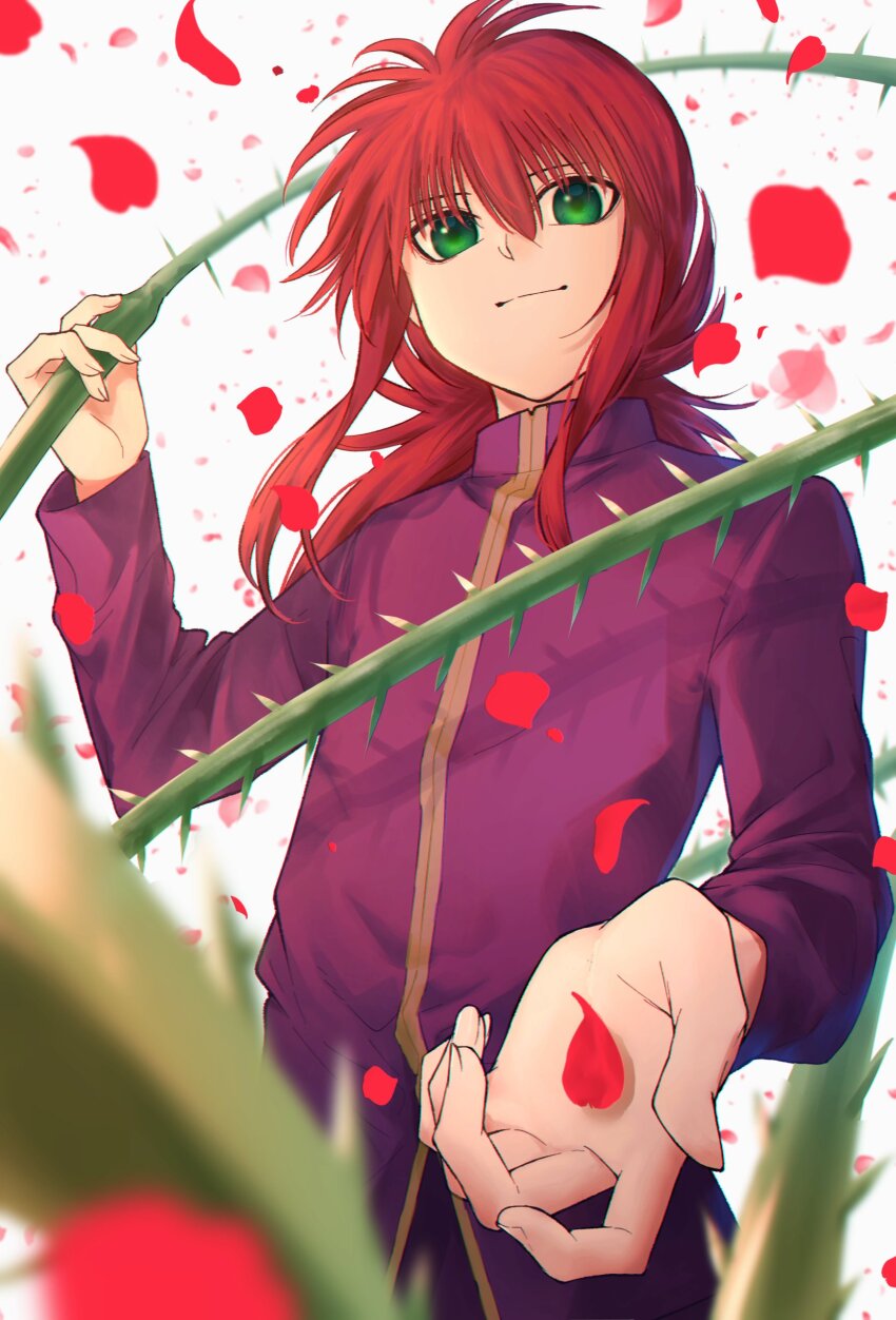1boy absurdres closed_mouth falling_petals gakuran green_eyes hair_between_eyes highres holding holding_whip jacket kurama_(yu_yu_hakusho) long_hair long_sleeves looking_at_viewer male_focus petals red_hair red_jacket school_uniform simple_background smile solo thorns upper_body vine_whip white_background yabelion_(yabe_togi) yuu_yuu_hakusho