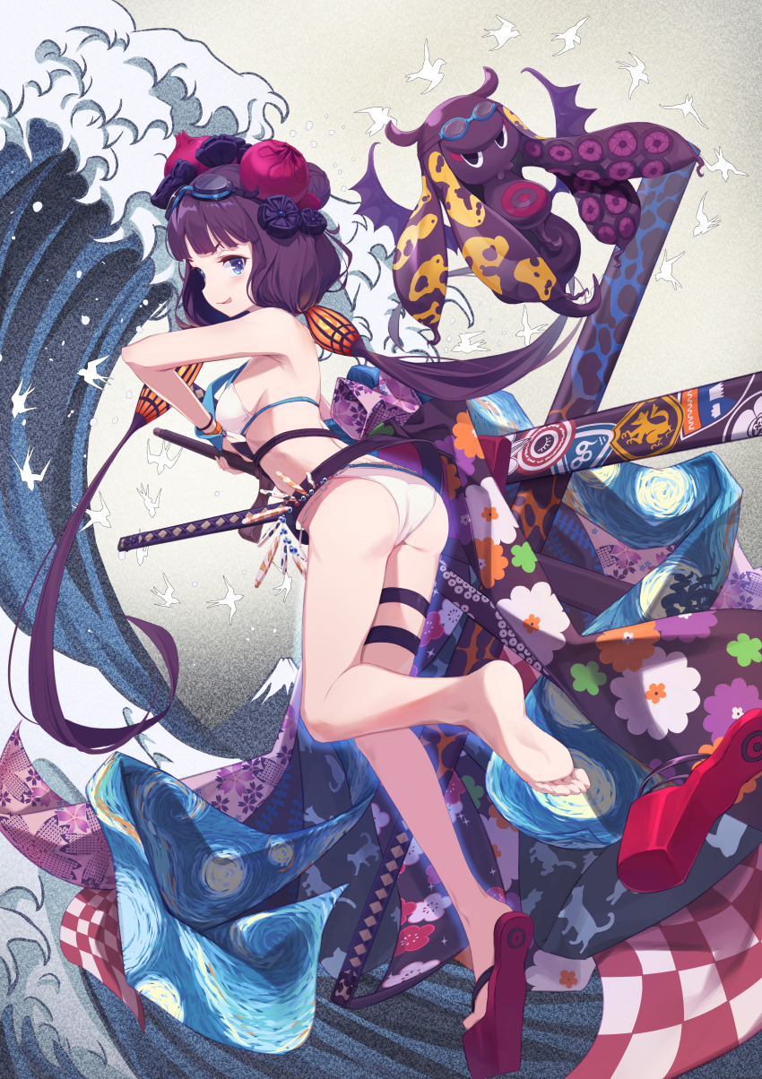 1girl absurdres ass back bare_shoulders beads belt bikini blue_eyes bracelet breasts cleavage collarbone fate/grand_order fate_(series) floral_print goggles goggles_on_head hair_bun hair_ornament highres jewelry katana katsushika_hokusai_(fate) katsushika_hokusai_(swimsuit_saber)_(fate) long_hair looking_at_viewer looking_back medium_breasts obi octopus purple_hair sash sheath sidelocks smile swimsuit sword thigh_strap to9643 tokitarou_(fate) waves weapon white_bikini