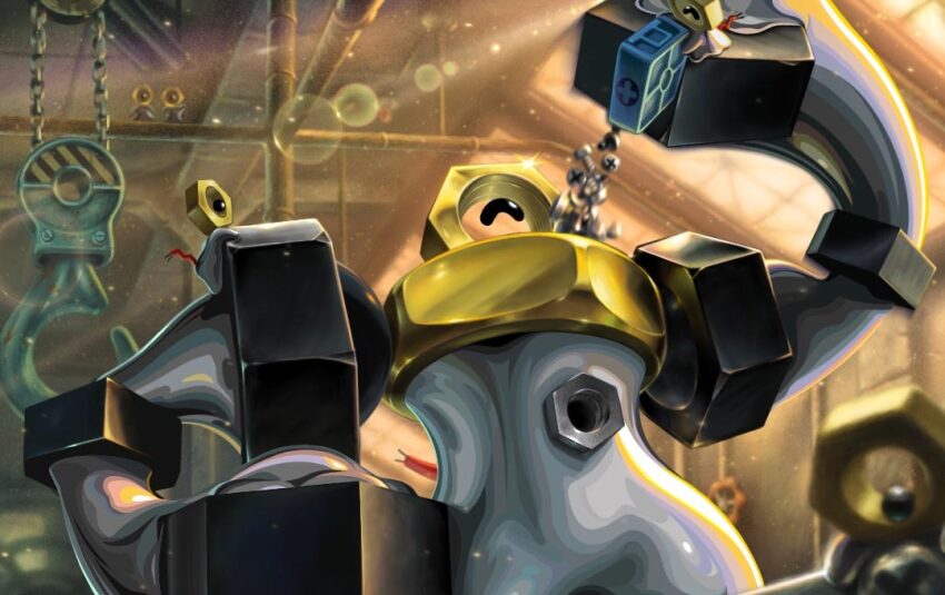 arm_up cable crane_(machine) evolutionary_line gen_7_pokemon hook indoors industrial_pipe lens_flare light_particles melmetal meltan metal_skin mythical_pokemon nintendo one-eyed pokemon pokemon_(creature) pokemon_focus pokemon_tcg screw second-party_source shouta_iwamoto valve