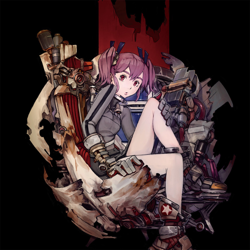 1girl black_background boots chair commentary damaged female_focus gauge gloves grey_shirt highres hose knee_up legs lips long_sleeves looking_at_viewer miniskirt nc_empire_(circle) original parted_lips pink_hair red_eyes science_fiction shirt sidelocks simple_background sitting skirt solo star_(symbol) thighs torn_upholstery twintails