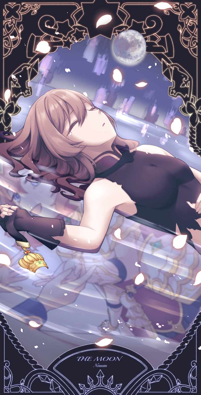 1girl absurdres altheavin armor blue_eyes breastplate crown crying fingerless_gloves full_moon gauntlets gloves highres lying_on_water moon muimi_(liberator)_(princess_connect!) muimi_(princess_connect!) orange_hair petals princess_connect! reflection reflective_water shoulder_armor solo tarot the_moon_(tarot) tiara torn_clothes torn_gloves