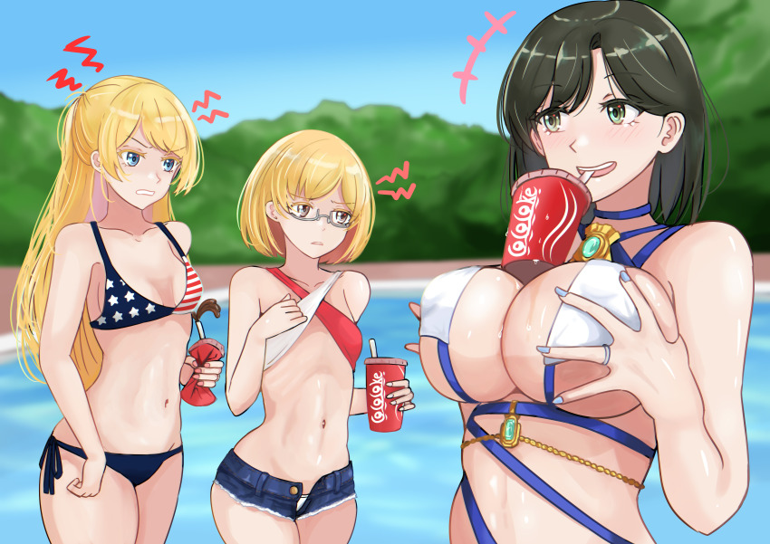 3girls absurdres american_flag_bikini american_flag_print bikini black_hair blonde_hair blue_eyes breast_envy breasts brown_eyes clenched_teeth cola commentary commission cosplay criss-cross_halter english_commentary flag_print glasses green_eyes halterneck highres irene_(ricky_barnes) jewelry ken_(shutenndouji1) large_breasts luna_(doa) luna_(doa)_(cosplay) luna_(venus_of_the_beach)_(doa) maya_(ricky_barnes) mimi_(ricky_barnes) mother_and_daughter multiple_girls navel object_on_breast original pool print_bikini ring short_shorts shorts skeb_commission small_breasts smug swimsuit tawawa_challenge teeth wedding_ring wife_and_wife