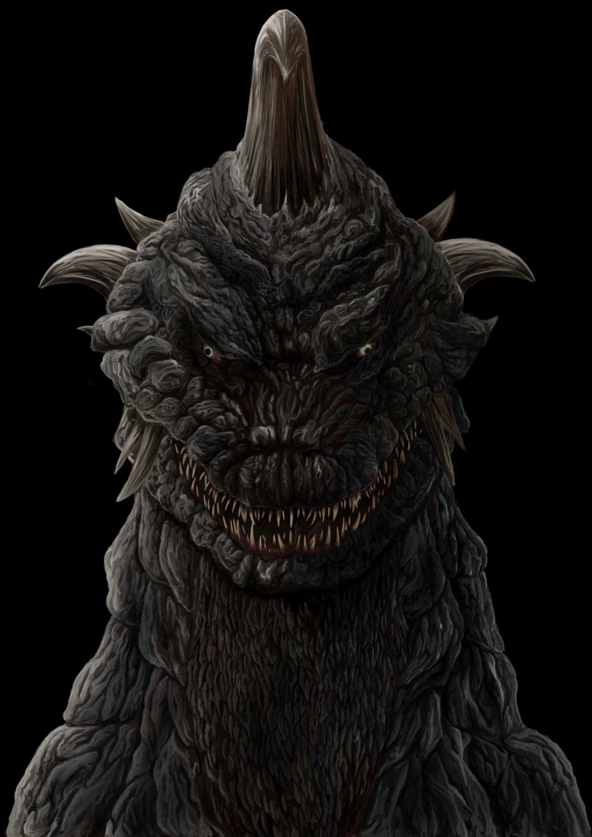 black_background black_scales blood blood_on_mouth bloodshot_eyes colored_teeth commentary gattyo gomess grey_eyes grin highres horns kaiju looking_at_viewer monster monster_focus multiple_horns no_humans nostrils parted_lips portrait scales sharp_teeth shin_ultraman simple_background smile solo straight-on teeth tokusatsu tsuburaya_productions tusks ultra_series yellow_teeth