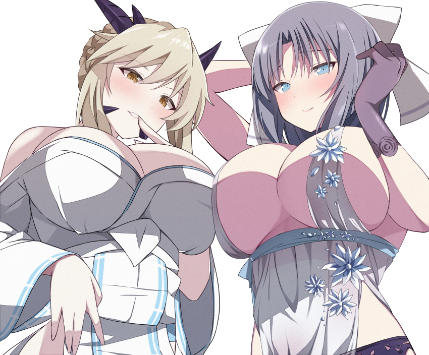 2girls absurdres artoria_pendragon_(fate) artoria_pendragon_(lancer_alter)_(fate) artoria_pendragon_(royal_icing)_(fate) artoria_pendragon_(royal_icing)_(fate)_(cosplay) babydoll bare_shoulders black_gloves blonde_hair blue_babydoll blue_eyes blush bow braid breasts chimunge choker cleavage closed_mouth cosplay costume_switch fate/grand_order fate_(series) garter_belt gloves grey_hair hair_between_eyes hair_bow highres horns japanese_clothes jewelry kimono large_breasts long_hair long_sleeves looking_at_viewer multiple_girls necklace parted_bangs parted_lips pelvic_curtain ribbon-trimmed_kimono ribbon_trim see-through_clothes senran_kagura short_hair sideboob sidelocks smile snowflake_print white_bow white_kimono yellow_eyes yumi_(senran_kagura) yumi_(senran_kagura)_(cosplay)