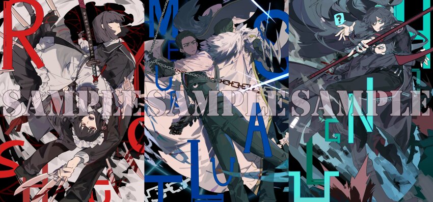 2girls 4boys ? absurdres apron aqua_eyes belt black_background black_coat black_dress black_gloves black_hair black_jacket black_pants black_shoes black_vest blood bloody_knife bloody_weapon blunt_bangs bob_cut cape cavalier_hat chain character_name chinese_commentary cigarette cinq_association_south_uniform coat collared_shirt dress fingerless_gloves full-stop_office_(identity)_(project_moon) furrowed_brow gauntlets gloves grey_coat grey_eyes half_updo hat hat_feather headset heterochromia high_ponytail highres holding holding_knife holding_polearm holding_weapon hong_lu_(project_moon) id_card itokenaikei jacket jacket_on_shoulders knife limbus_company long_hair looking_ahead looking_at_another looking_back maid maid_headdress meursault_(project_moon) multiple_boys multiple_girls necktie open_mouth pants plume polearm ponytail project_moon rapier red_eyes red_necktie ryoshu_(project_moon) sheath sheathed shirt shoes short_hair smoke smoking spoken_question_mark sword vest weapon white_apron white_cape white_hat white_headdress white_shirt wuthering_heights_(identity)_(project_moon)