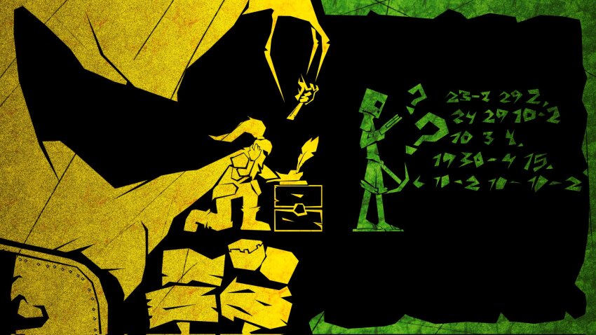 3others ? abstract abyssalthemr armor averythemayo black_background block_head book boots cloak d3rlord3 from_side full_body galea_helmet highres holding holding_book holding_pickaxe holding_quill knight limited_palette multiple_others numbered on_one_knee pickaxe quill searching_for_a_world_that_doesn&#039;t_exist shorts shoulder_armor sign simple_background the_king_in_yellow_(searching_for_a_world_that_doesn&#039;t_exist) torch treasure_chest writing