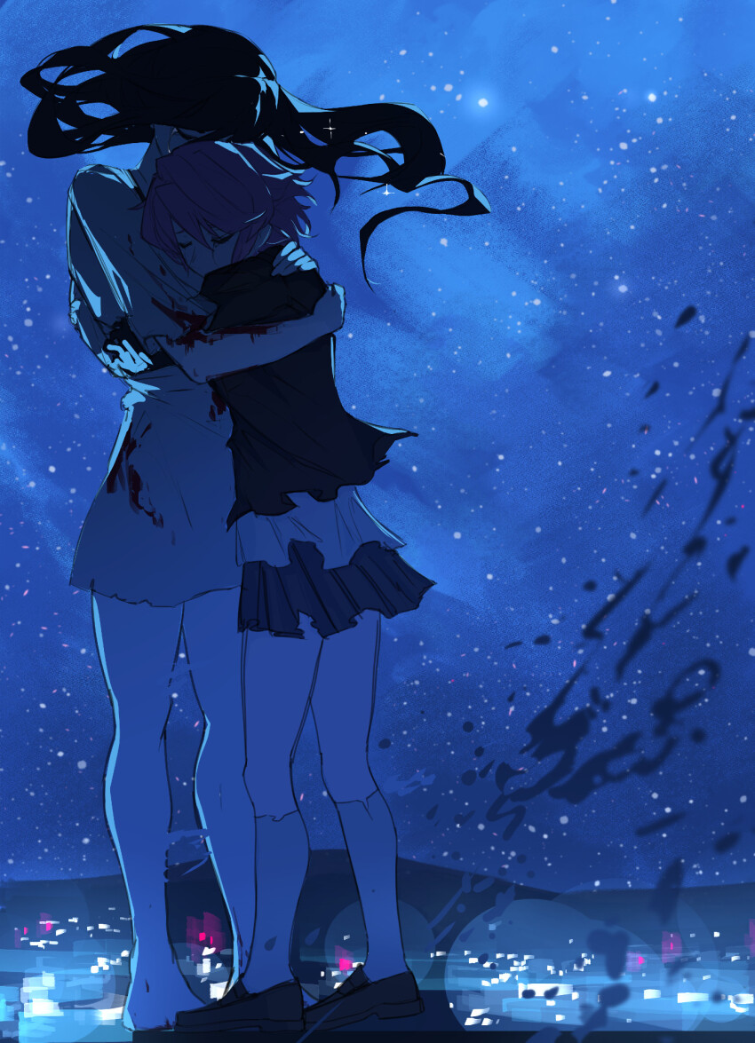 acrobatic_silky_(dandadan) bad_link black_hair blood blood_on_clothes city_lights crying dandadan ghost heartbreak_juan highres hug long_hair night night_sky pink_hair shiratori_aira_(dandadan) short_hair sky standing