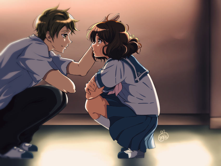 1boy 1girl blue_sailor_collar blue_skirt blush brown_eyes brown_hair closed_mouth collared_shirt hand_up headpat hibike!_euphonium highres kitauji_high_school_uniform looking_at_another mmasaki neckerchief oumae_kumiko parted_lips pink_neckerchief pleated_skirt sailor_collar school_uniform serafuku shirt shoes short_hair short_sleeves skirt smile squatting tsukamoto_shuuichi uwabaki white_footwear white_shirt