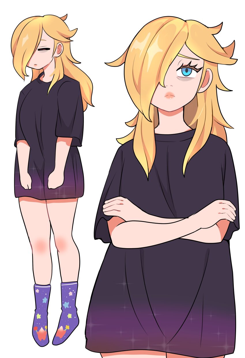 1girl absurdres bare_legs bbycheese black_shirt blonde_hair blue_eyes cowboy_shot crossed_arms female_focus full_body hair_over_one_eye highres hungry_luma_(super_mario_galaxy) mario_(series) multiple_views nintendo oversized_clothes oversized_shirt rosalina shirt simple_background sleepy socks white_background
