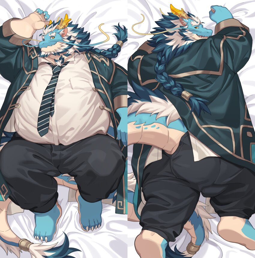 1boy absurdres animal_ear_fluff aqua_hair aqua_skin ass bara barefoot beard bed_sheet big_belly colored_skin dakimakura_(medium) dragon_boy dragon_horns facial_hair fat fat_man full_beard full_body furry furry_male highres horns long_hair long_mustache looking_at_viewer lying male_focus mature_male multicolored_hair multiple_views mustache necktie on_back prehensile_facial_hair qinglong_(housamo) smile thick_beard tokyo_houkago_summoners two-tone_beard two-tone_hair very_long_hair yed_(yedsilent)