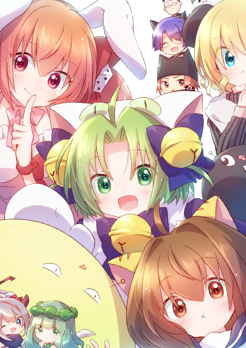 3boys 6+girls absurdres ahoge angel animal_ears animal_hat bell broccodess bushiroad-no-mikoto cat_ears cat_girl cat_hat commentary coo_erhard dejiko demon_girl di_gi_charat everyone gema hat highres jingle_bell ky_schweitzer multiple_boys multiple_girls nazo_gema nyaa_(nnekoron) panda_ears piyoko puchiko rabbit_ears reiwa_no_di_gi_charat rik_heisenberg usada_hikaru