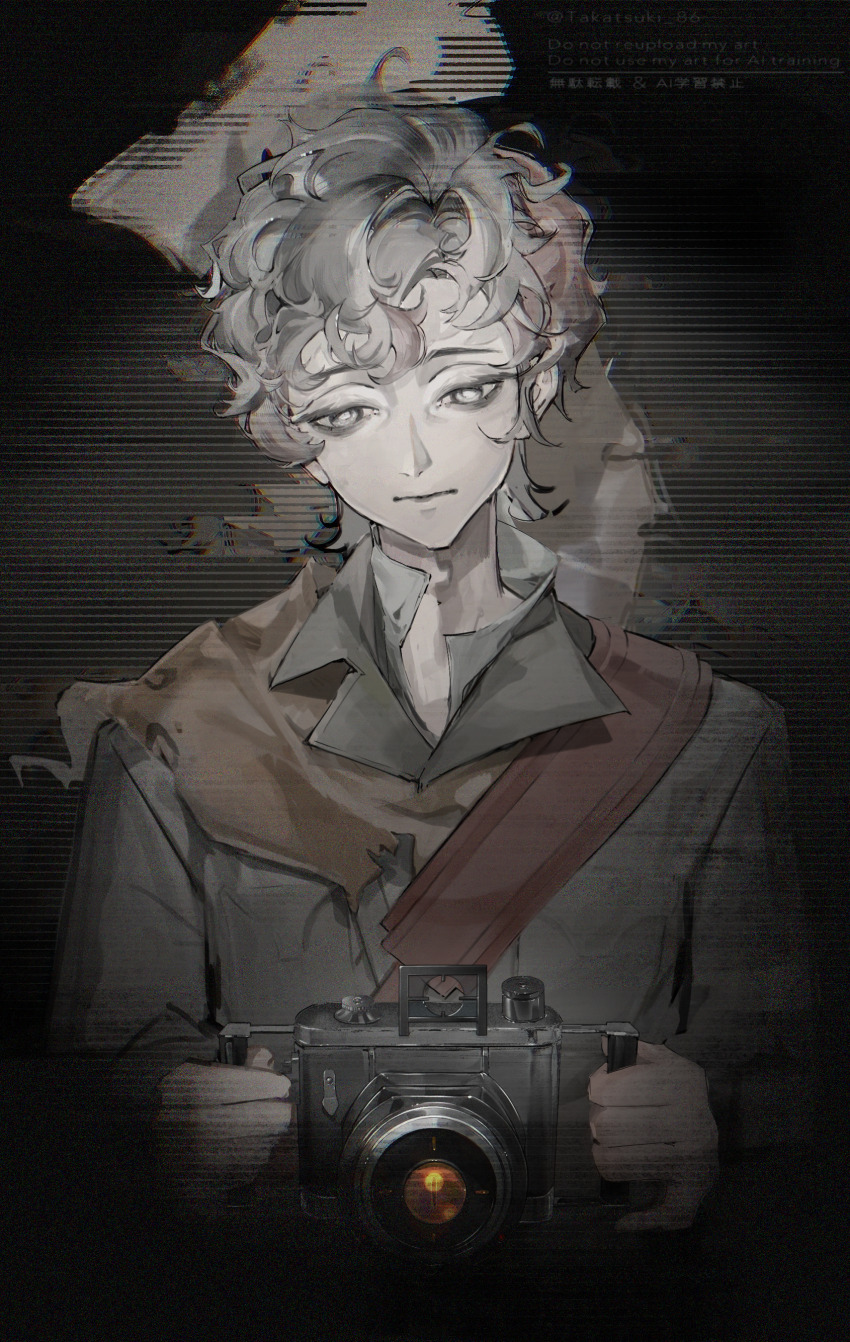 1boy :| absurdres camera click_(reverse:1999) closed_mouth dark_background film_grain grey_hair grey_shirt hands_up highres holding holding_camera looking_at_viewer male_focus pale_skin reverse:1999 scanlines shirt short_hair solo takatsuki_haru upper_body vignetting watermark