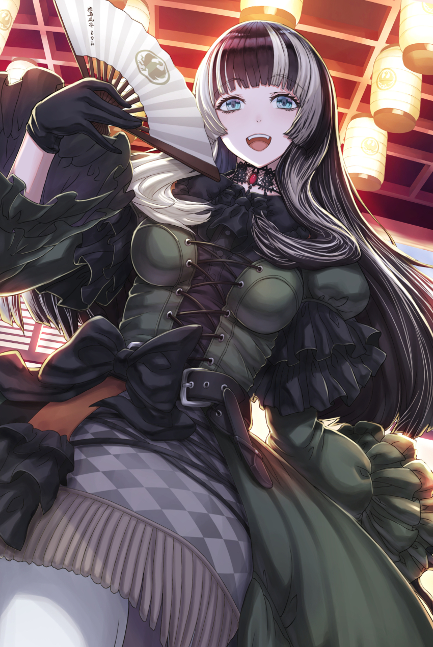 1girl absurdres black_choker black_dress black_gloves black_hair blue_eyes blunt_bangs choker dress gloves grey_hair hand_fan highres holding holding_fan hololive hololive_dev_is juufuutei_raden juufuutei_raden_(1st_costume) lace-trimmed_choker lace_trim long_hair looking_at_viewer multicolored_hair open_mouth paper_fan sidelocks smile solo streaked_hair teeth teku_(2nd_escape) upper_teeth_only very_long_hair virtual_youtuber