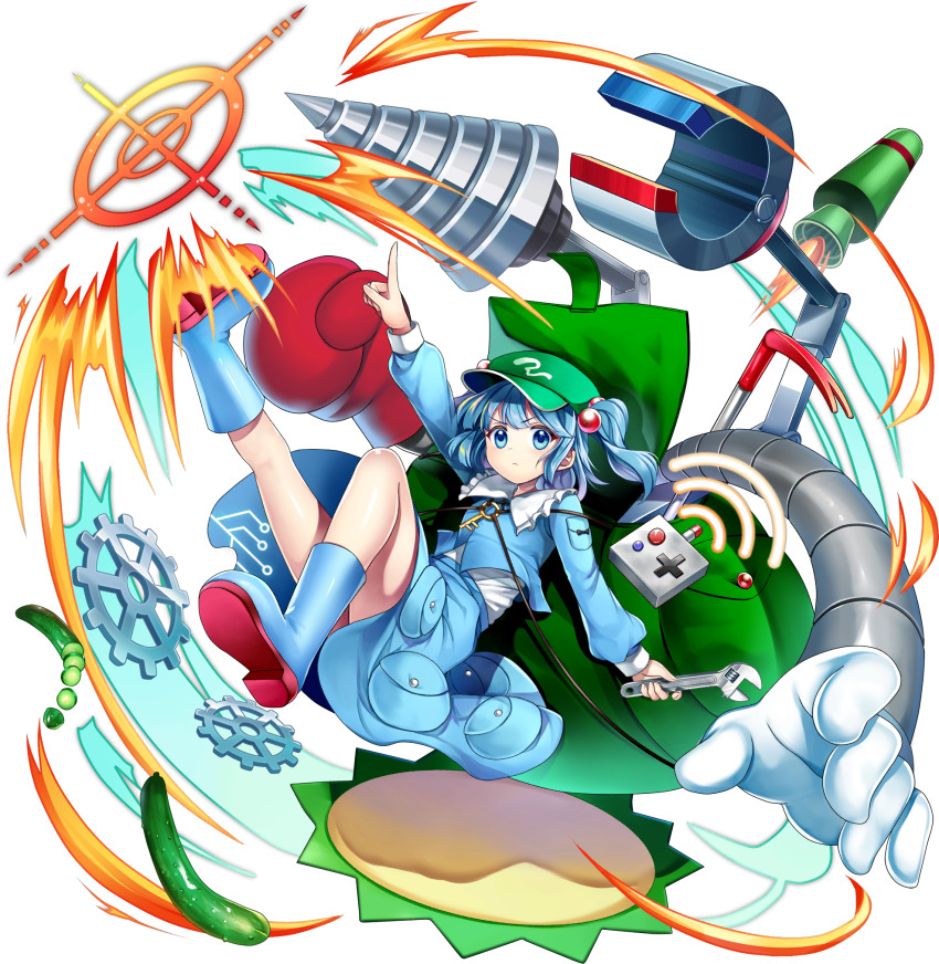 1girl backpack bag blue_boots blue_eyes blue_hair blue_shirt blue_skirt boots boxing_gloves collared_shirt controller cucumber cucumber_slice drill flat_cap frilled_shirt_collar frills full_body game_cg gears gloves green_hat hair_bobbles hair_ornament hat highres holding holding_wrench index_finger_raised kawashiro_nitori key long_sleeves looking_at_viewer official_art pocket red_gloves rotte_(1109) rubber_boots shirt short_hair skirt solo third-party_source touhou touhou_lostword transparent_background two_side_up v-shaped_eyebrows white_gloves wrench