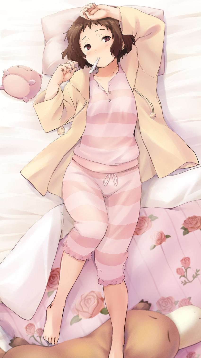 1girl barefoot bed_sheet blush brown_eyes brown_hair commentary_request dakimakura_(medium) digital_thermometer feet feet_out_of_frame from_above hands_up highres hyouka ibara_mayaka long_sleeves looking_at_viewer lying mouth_hold nishiyama_maruta on_back pajamas pants pink_pants pink_shirt shirt short_hair solo striped_clothes striped_pants stuffed_animal stuffed_platypus stuffed_toy thermometer toes
