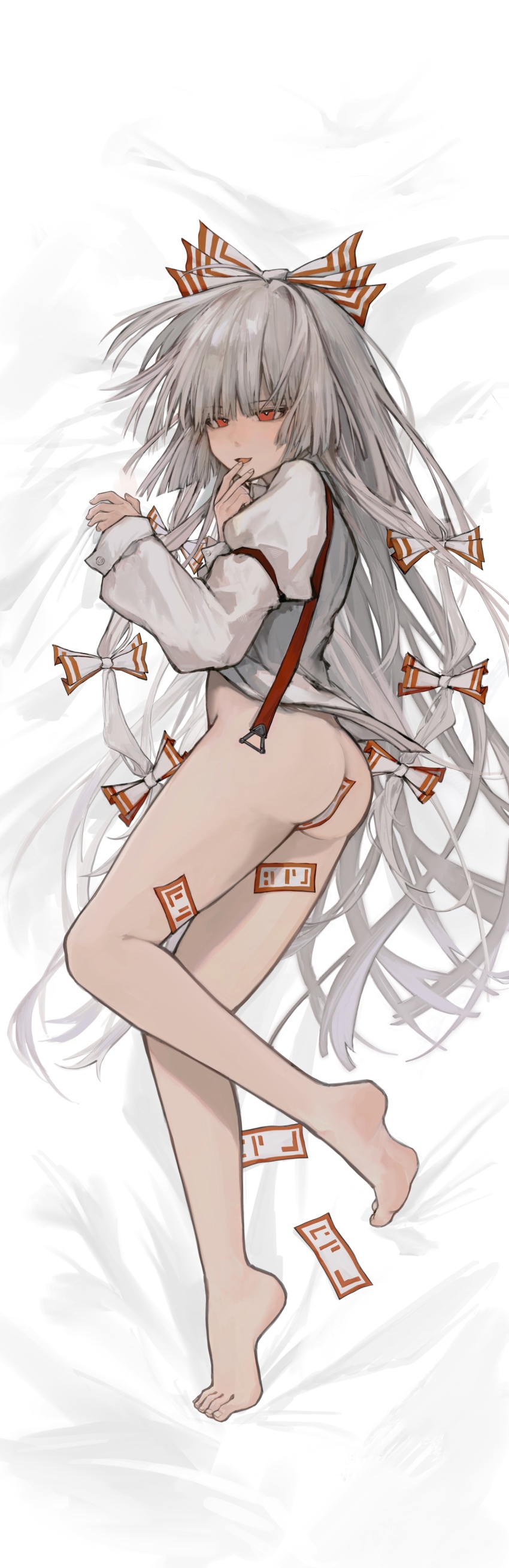 1203527227 1girl absurdres ass barefoot blush bottomless bow dakimakura_(medium) dress_shirt fingers_to_mouth fujiwara_no_mokou full_body grey_hair hair_bow highres long_hair long_sleeves looking_at_viewer lying multicolored_bow multiple_hair_bows navel ofuda_on_leg on_side open_clothes open_mouth open_shirt red_bow red_eyes shirt solo suspenders touhou very_long_hair white_bow white_shirt