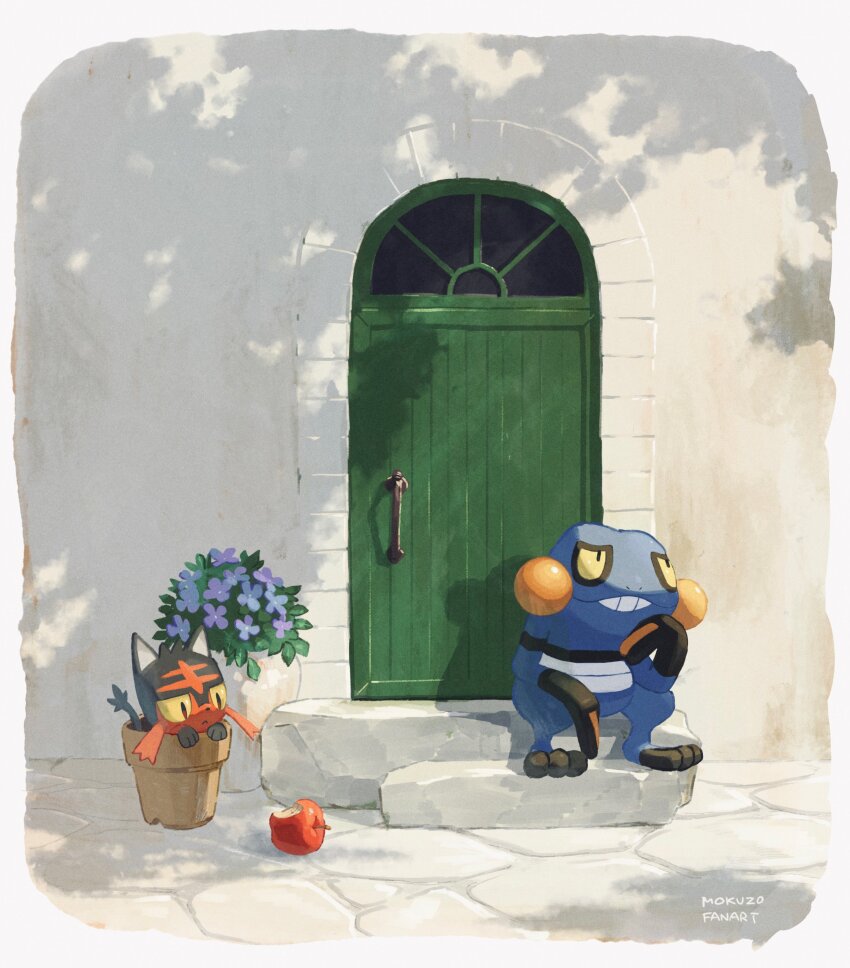 absurdres apple bitten_apple border croagunk day door flower_pot food food_bite fruit gen_4_pokemon gen_7_pokemon highres litten looking_down mokuzou_(moku_ssbu) nintendo no_humans outdoors pokemon pokemon_(creature) shadow signature sitting stairs white_border
