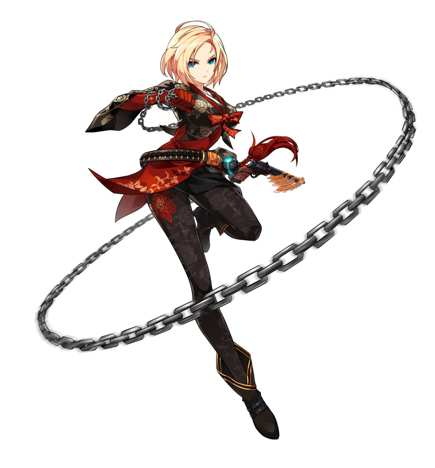 1girl absurdres artist_request black_pantyhose black_shoes blonde_hair blue_eyes bow chain crimson_rose_(elsword) elsword floral_print full_body gloves gun highres looking_at_viewer official_art pantyhose print_pantyhose red_bow red_gloves red_shirt rose_(elsword) serious shirt shoes short_hair solo standing standing_on_one_leg tassel weapon