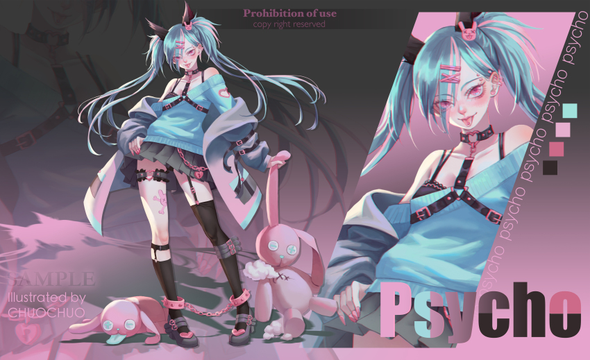 1girl absurdres animal_ears ankle_cuffs arm_belt artist_name asymmetrical_legwear asymmetrical_sleeves bare_shoulders belt belt_buckle black_background black_belt black_bra black_choker black_skirt black_socks black_thighhighs blue_hair blue_sweater bra breasts buckle chain chest_belt chinese_commentary choker cleavage coat coat_partially_removed color_guide commentary_request cuffs earrings english_text eyelashes eyes_visible_through_hair face_piercing forehead_piercing full_body gradient_background grey_belt grey_coat grey_footwear hair_between_eyes hair_ornament hairclip hand_on_own_hip heart heart-shaped_buckle heart-shaped_lock heart_earrings highres holding holding_stuffed_toy jewelry kneehighs lace lace-trimmed_bra lace_trim leg_belt lipstick long_hair long_sleeves makeup mary_janes medium_breasts microskirt multicolored_hair multiple_belts nail_polish off-shoulder_sweater off_shoulder original piercing pink_background pink_eyes pink_hair pink_lips pink_nails pleated_skirt qingtian_chuochuo reference_sheet ribbed_legwear sample_watermark shackles shadow shoe_belt shoes simple_background single_kneehigh single_sock single_thighhigh skirt smile socks streaked_hair studded_choker stuffed_animal stuffed_rabbit stuffed_toy stuffing sweater thigh_strap thighhighs tongue tongue_piercing twintails underwear watermark wolf_ears x_hair_ornament zoom_layer