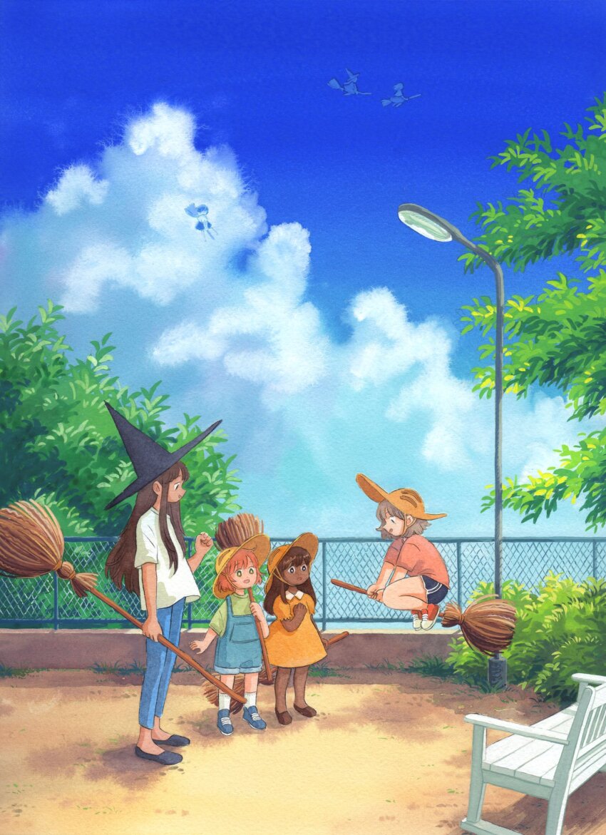 4girls ahoge bench black_hat black_shoes blue_overalls blue_pants blue_shoes blue_shorts blue_sky broom broom_riding brown_hair brown_shoes bush chain-link_fence child chin_strap cloud collar commentary dark-skinned_female dark_skin dress english_commentary fence flying foliage grass green_eyes green_shirt hat heikala highres holding holding_broom lamppost long_sidelocks looking_at_another medium_hair multiple_girls no_socks orange_dress orange_hair original outdoors overall_shorts overalls pants park_bench parted_lips people pink_shirt profile red_hair red_shoes shirt shoes shorts sidelocks sky slice_of_life socks tree white_collar white_shirt white_socks witch witch_hat yellow_hat