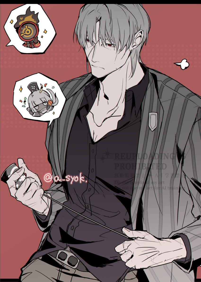 1boy 1girl 1other absurdres belt black_belt black_shirt charon_(project_moon) clock closed_mouth collared_shirt cowboy_shot dante_(limbus_company) fire grey_hair highres jacket limbus_company looking_to_the_side object_head parted_bangs project_moon red_background red_eyes scar scar_on_face shirt simple_background speech_bubble striped_clothes striped_jacket vergilius_(project_moon) ya!_(a_syok)