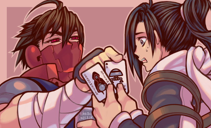 2boys ahoge black_hair brown_hair card dated grey_eyes hair_between_eyes highres holding holding_card leo_tail long_hair male_focus mask mouth_mask multiple_boys old_maid pink_background playing_card ponytail red_eyes red_mask short_hair simple_background strider_(video_game) strider_hien strider_hiryuu sweat twitter_username