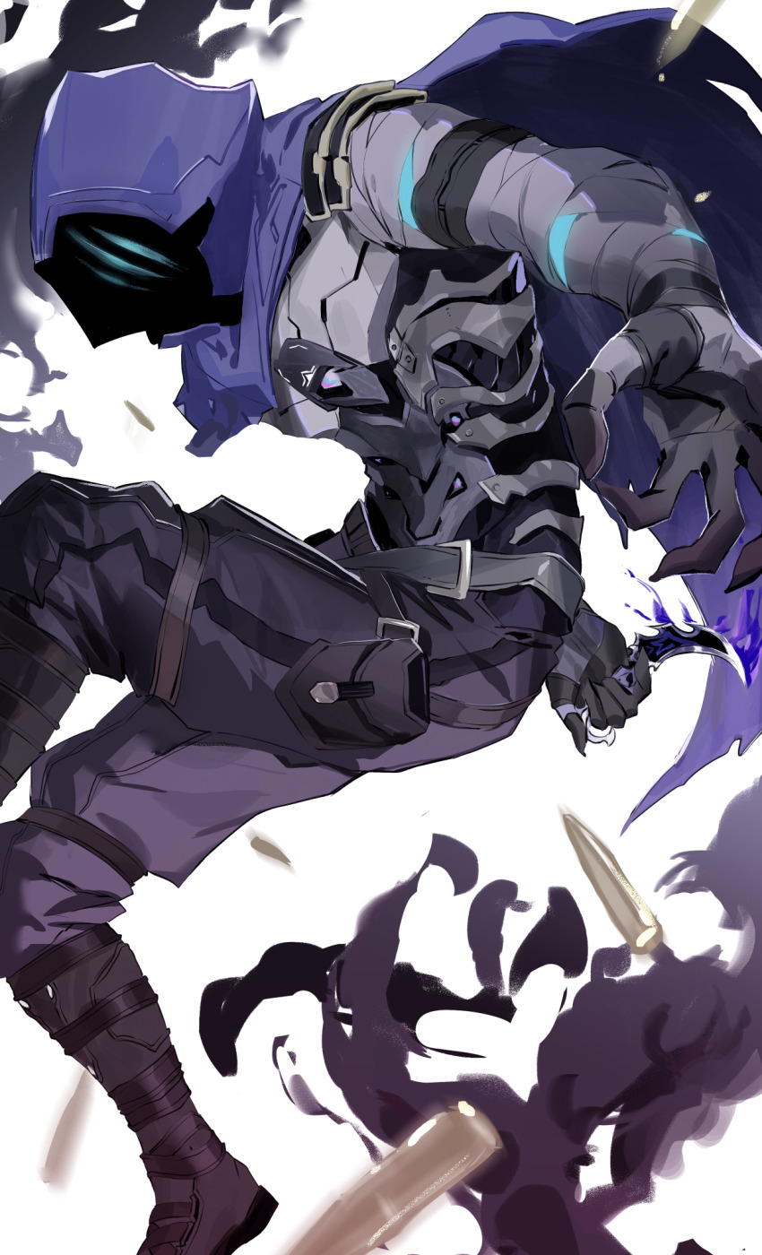 1boy armor bandaged_arm bandages black_boots boots bullet cloak criss-cross_straps foot_out_of_frame highres holding holding_weapon hood hood_up hooded_cloak karambit mask mechanic omen_(valorant) pouch ryoma_(rym_369) shell_casing shoulder_armor smoke solo thigh_pouch thigh_strap valorant weapon white_background