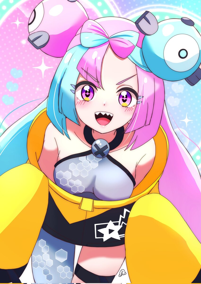 1girl bent_over blue_hair blush bow-shaped_hair breasts character_hair_ornament creatures_(company) game_freak gen_1_pokemon grey_pantyhose hair_ornament hexagon_print highres iono_(pokemon) jacket long_hair low-tied_long_hair magnemite momotarouooi multicolored_hair nintendo open_mouth oversized_clothes pantyhose pink_hair pokemon pokemon_sv sharp_teeth single_leg_pantyhose sleeveless sleeves_past_fingers sleeves_past_wrists smile solo split-color_hair teeth upper_teeth_only very_long_sleeves x yellow_jacket