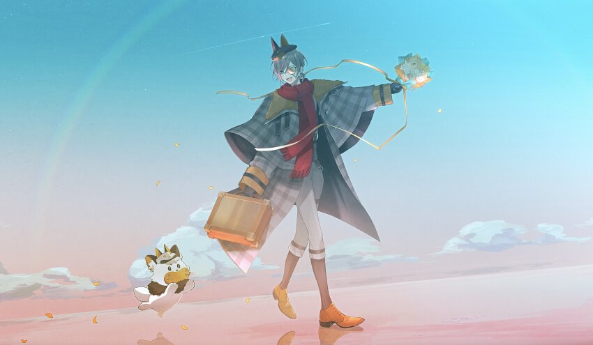 1boy :d absurdres animal-themed_eyewear animal_hat arm_up beach beret black_gloves black_hat black_socks blue_eyes bouquet briefcase brown_hair brown_shoes capelet capri_pants cloud coat collared_capelet commentary dog_hat english_commentary evening fang flower fox gloves gradient_sky grey_capelet grey_coat grey_pants hair_between_eyes hat highres holding holding_bouquet holding_briefcase long_sleeves looking_at_another looking_down low_ponytail male_focus monocle mysta_rias mysta_rias_(2nd_costume) mystake_(mysta_rias) nijisanji nijisanji_en official_alternate_costume open_clothes open_coat open_mouth orange-tinted_eyewear orange_ribbon outdoors pants parted_bangs petals plaid_capelet plaid_clothes plaid_coat ponytail rainbow red_scarf ribbon rose saw_(dtn_error) scarf shoes shooting_star short_hair sky sleeves_past_wrists smile socks solo star_(sky) sunset swept_bangs tinted_eyewear virtual_youtuber walking white_flower white_hat white_rose yellow_flower yellow_rose