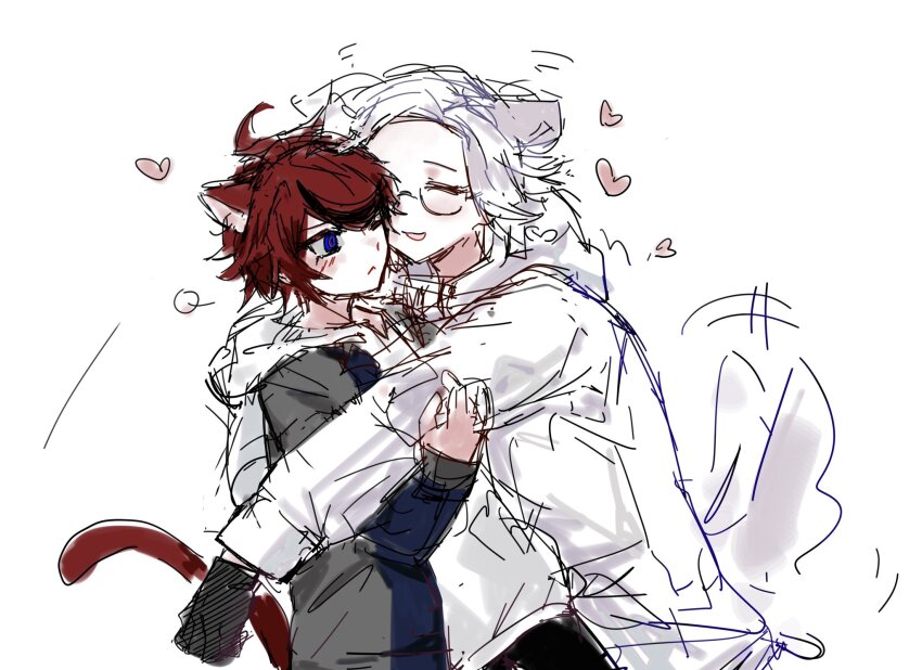 ahoge animal_ears aotsuki_eito black_gloves black_hair blue_eyes cat_boy cat_ears cat_tail closed_eyes closed_mouth dog_boy dog_ears dog_tail frown gloves heart hug jacket long_sleeves messy_hair multicolored_eyes multicolored_hair open_mouth red_eyes red_hair simple_background sketch streaked_hair sumino_takumi tail tail_wagging the_hundred_line_-last_defense_academy- upper_body white_background white_hair white_jacket yaoi