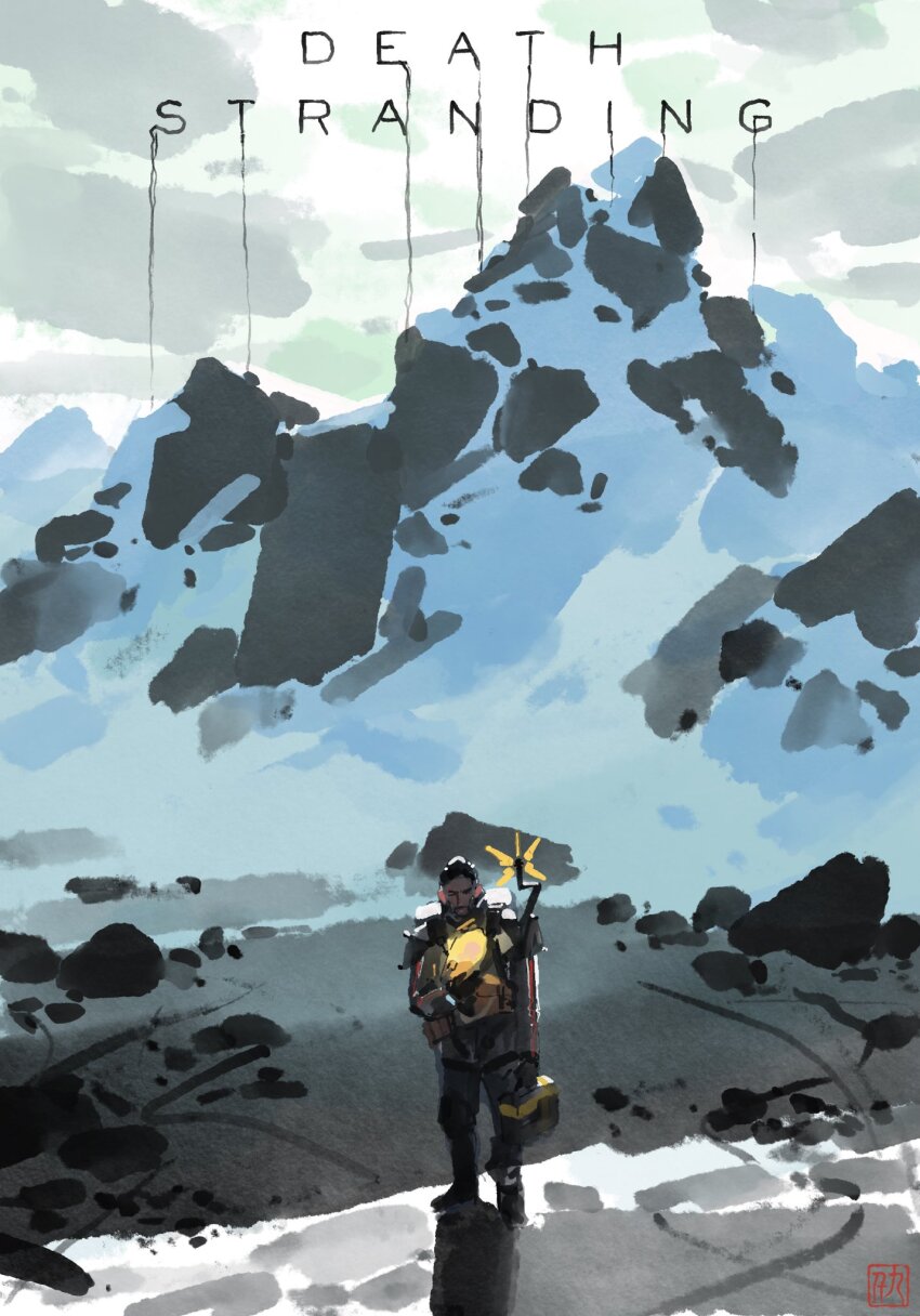 1boy brown_hair cliff copyright_name death_stranding facial_hair full_body highres looking_at_viewer male_focus neo1900 odradek sam_porter_bridges scenery short_hair solo