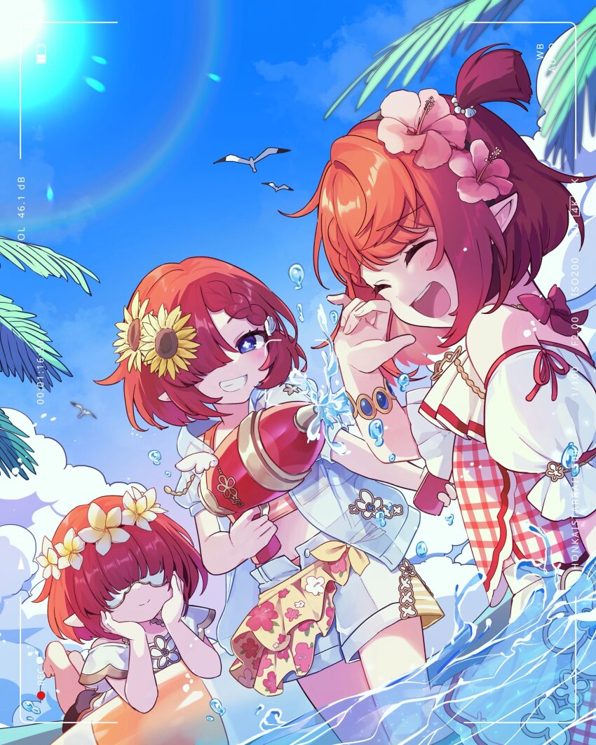 3girls afloat alternate_costume barefoot blue_eyes blue_sky bracelet commentary_request cross-shaped_pupils day dress eye_mask feet flower hair_flower hair_ornament hair_over_one_eye head_wreath highres holding holding_water_gun honkai:_star_rail honkai_(series) jacket jewelry midriff multiple_girls outdoors pointy_ears red_hair see-through_clothes see-through_jacket shirase_(shirose) short_hair shorts sky smile striped_innertube sun sunflower symbol-shaped_pupils trianne_(honkai:_star_rail) tribbie_(honkai:_star_rail) trinnon_(honkai:_star_rail) triplets water_gun white_dress white_shorts