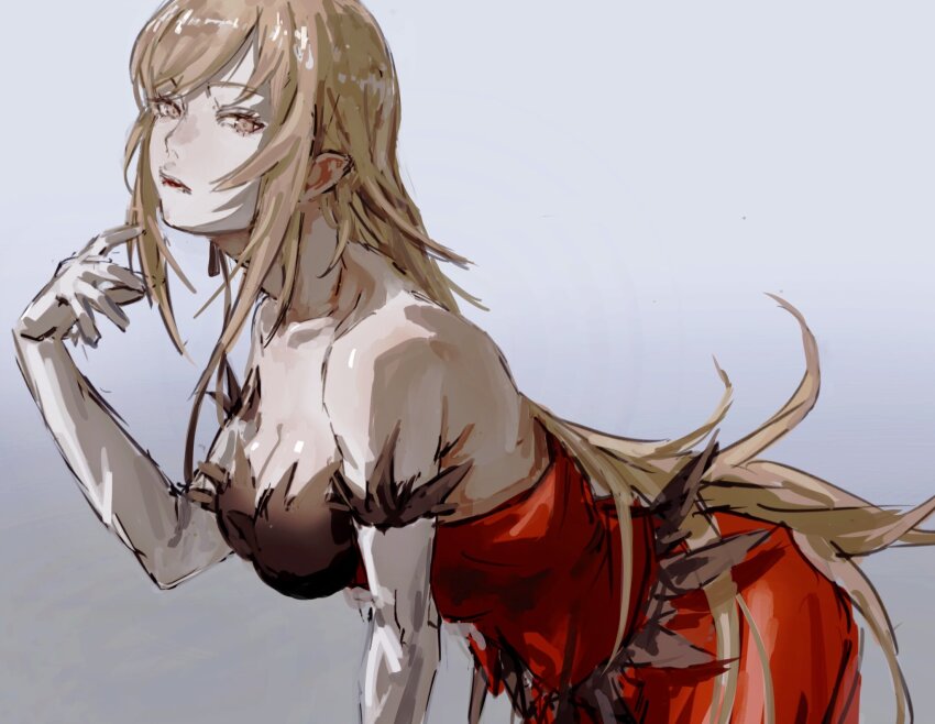 1girl bare_shoulders blonde_hair breasts cleavage collarbone dress elbow_gloves feather-trimmed_dress feather-trimmed_gloves feather_trim frilled_dress frills gloves hair_ribbon highres kiss-shot_acerola-orion_heart-under-blade kizumonogatari large_breasts long_hair looking_at_viewer monogatari_(series) oshino_shinobu pointy_ears red_dress ribbon simple_background solo strapless strapless_dress taki_(a313131333) vampire very_long_hair white_gloves yellow_eyes