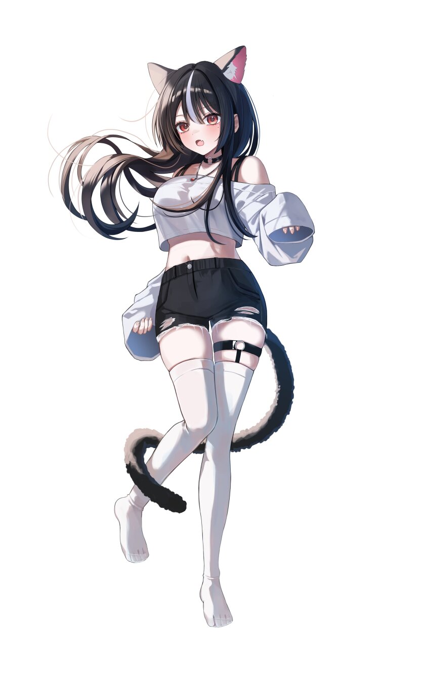 1girl absurdres animal_ear_fluff animal_ears bare_shoulders black_hair black_shorts cat_ears cat_girl cat_tail dap_yan floating_hair full_body highres long_hair looking_at_viewer midriff multicolored_hair navel o-ring o-ring_thigh_strap off_shoulder open_mouth original short_shorts shorts simple_background solo standing standing_on_one_leg streaked_hair tail thigh_strap thighhighs torn_clothes torn_shorts white_background white_thighhighs