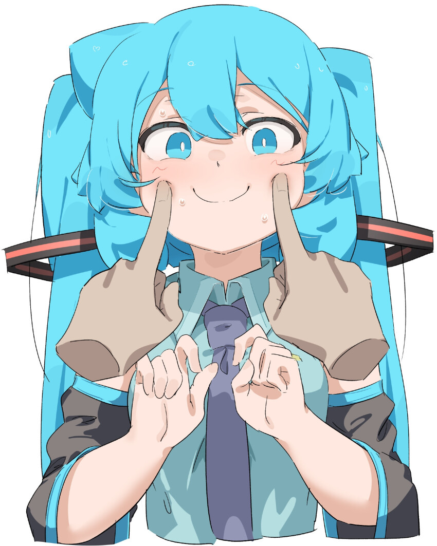 abmayo blue_eyes blue_hair cheek_poking detached_sleeves hair_ornament hatsune_miku highres necktie poking smile sweat twintails white_background