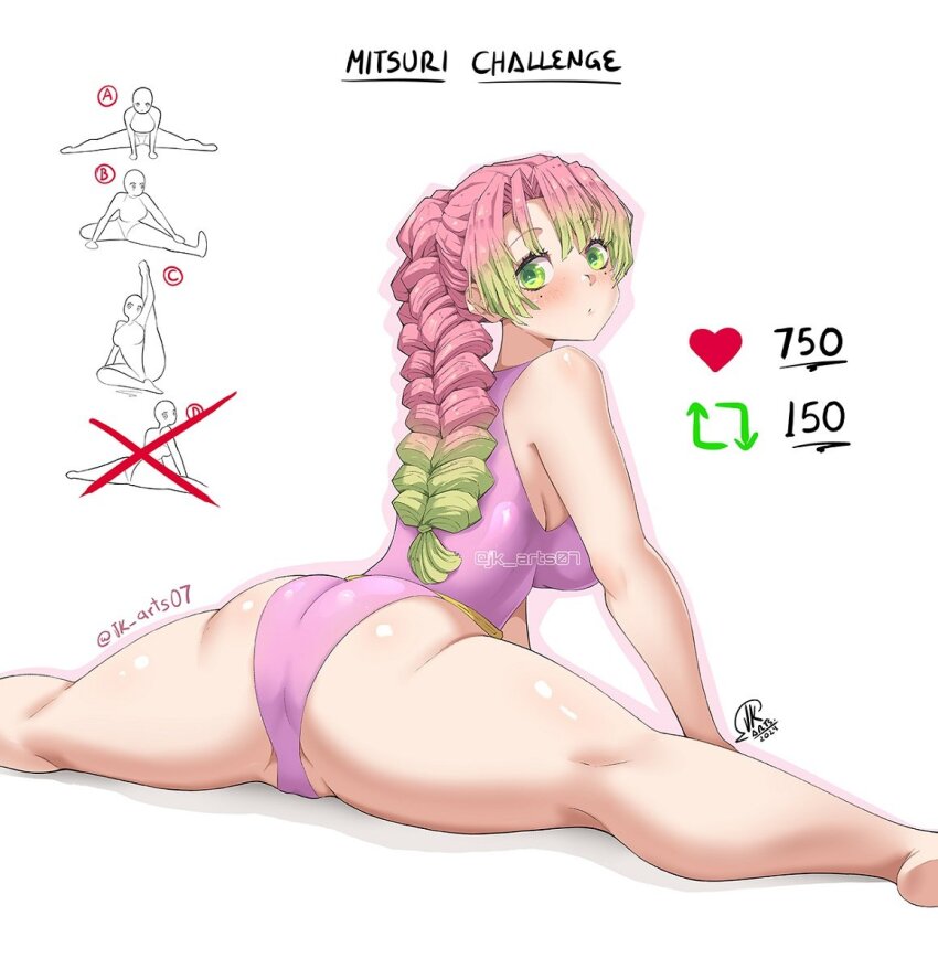 1girl ass blush braid braided_ponytail breasts flexible green_eyes green_hair jk_arts kanroji_mitsuri kimetsu_no_yaiba large_breasts leotard like_and_retweet mole mole_under_each_eye mole_under_eye multiple_moles pink_hair pink_leotard sitting_split solo split stretching thighs yoga