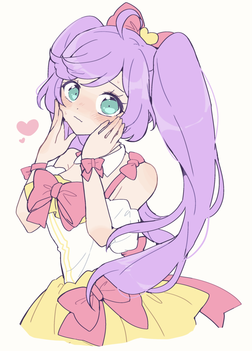 1girl absurdres ahoge bare_shoulders blush bow closed_mouth commentary_request detached_collar detached_sleeves dress green_eyes hair_bow hands_on_own_cheeks hands_on_own_face hands_up heart highres long_hair looking_at_viewer manaka_laala multicolored_dress nojima_minami pink_bow pretty_series pripara puffy_detached_sleeves puffy_sleeves purple_hair short_dress shy simple_background sleeveless sleeveless_dress solo twintails very_long_hair waist_bow white_background white_sleeves