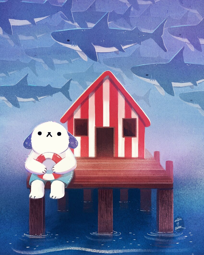 artist_name building commentary dock dog ellievsbear english_commentary fish flying flying_fish highres lifebuoy male_swimwear original shark signature sitting solid_circle_eyes solid_eyes striped_building swim_ring swim_trunks water