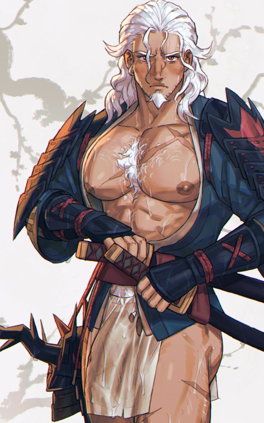 1boy bara bare_pectorals chest_hair commentary dreamplpe english_commentary facial_hair fundoshi goatee highres hisuian_samurott holding holding_sword holding_weapon japanese_clothes katana large_pectorals long_hair looking_at_viewer male_focus muscular muscular_male nintendo nipples paid_reward_available pectorals personification pokemon red_eyes scar scar_on_chest sheath sheathed solo sword variant_set weapon white_hair