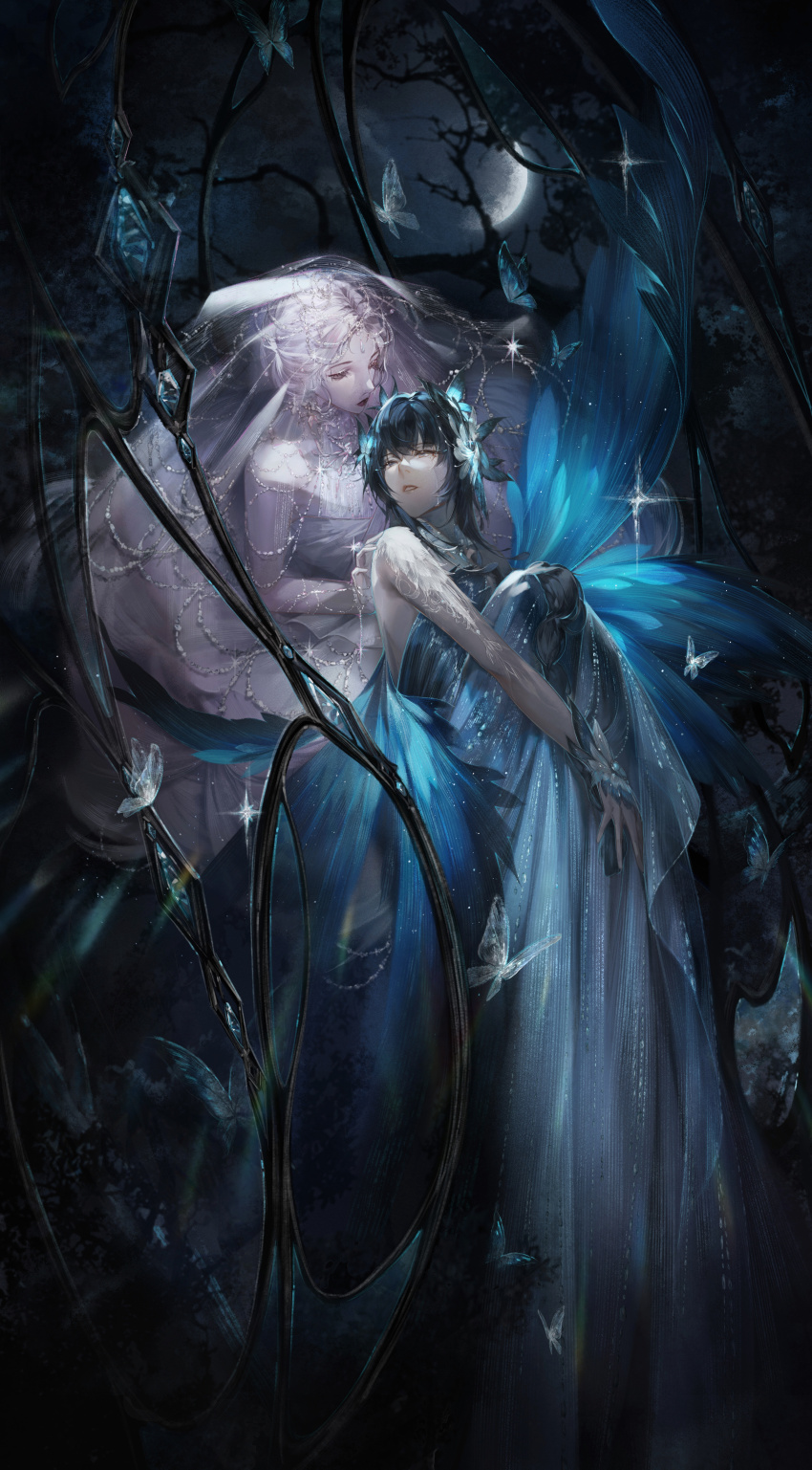 1boy 1girl absurdres bare_arms bare_shoulders black_hair blue_butterfly blue_wrist_cuffs bug butterfly butterfly_hair_ornament butterfly_wings chinese_commentary circlet closed_mouth commentary_request crossdressing crying crying_with_eyes_open dress evangelos_(shining_nikki) expressionless eyelashes feather_trim flower full_body gown hair_flower hair_ornament half_moon highres hugging_own_legs insect insect_wings knees_up leaning_on_person light_particles lipstick long_dress looking_at_another makeup medium_hair moon nephiliet night night_sky nikki_(series) on_lap outdoors pale_skin parted_lips pink_dress pink_hair red_lips sad see-through_clothes see-through_veil shining_nikki short_hair sitting sky sparkle stars_zhangzhang strapless strapless_dress streaming_tears tears teeth trap veil white_dress white_flower white_veil wings wrist_cuffs