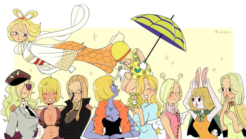 6+girls abs antenna_hair black_dress blonde_hair blue_eyes blunt_bangs blush bob_cut capelet cardigan_on_shoulders carrot_(one_piece) cesel commentary conis_(one_piece) domino_(one_piece) dress english_commentary feather_boa fishnet_top fishnets flying food_print fruit_print glasses gloves green_capelet hagoromo hair_over_one_eye hair_slicked_back highres holding holding_mini_person holding_umbrella japanese_clothes jewelry kalifa_(one_piece) kaya_(one_piece) kimono lemon_print long_hair mansherry marguerite_(one_piece) medium_hair mini_person minigirl miss_valentine multiple_girls necklace notice_lines one_piece otohime_(one_piece) pink_dress rabbit_girl shawl short_hair sleeveless sleeveless_dress sparkle stitched_face stitches sunglasses turtleneck turtleneck_dress twitter_username umbrella victoria_cindry vinsmoke_sora
