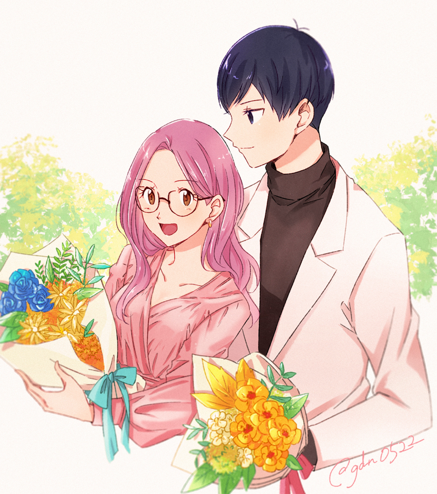 1boy 1girl :d black-framed_eyewear black_hair black_sweater blue_eyes blue_flower bouquet brown_eyes collarbone cropped_torso digimon digimon_adventure_02 earrings flower gdn0522 glasses highres holding holding_bouquet ichijouji_ken inoue_miyako jacket jewelry long_hair long_sleeves open_mouth pink_hair pink_shirt shirt short_hair smile straight_hair sweater turtleneck turtleneck_sweater upper_body white_jacket yellow_flower
