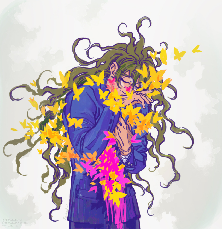 1boy ahoge blood blood_on_clothes bug butterfly closed_eyes collared_jacket commentary danganronpa_(series) danganronpa_v3:_killing_harmony glasses gokuhara_gonta green_hair hair_between_eyes hand_on_own_chest highres injury insect jacket long_hair long_sleeves male_focus marcianek messy_hair pants pink_blood pink_butterfly round_eyewear school_uniform simple_background smile solo standing too_many too_many_butterflies upper_body very_long_hair white_background yellow_butterfly
