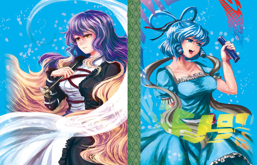 2girls accessories_switch arm_ribbon belt black_legwear blonde_hair blue_dress blue_eyes blue_hair dress female_focus flower gradient_hair hagoromo hair_ornament hair_ribbon hair_rings hair_stick highres hijiri_byakuren kaku_seiga kitayuki_kajika layered_dress long_hair multicolored_hair multiple_girls open_mouth petals puffy_sleeves purple_hair ribbon scroll shawl short_hair short_sleeves smile sorcerer&#039;s_sutra_scroll touhou very_long_hair white_dress yellow_eyes