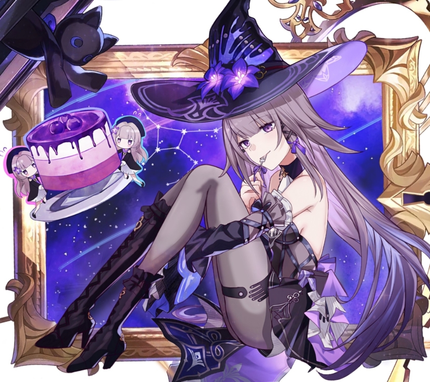 3girls bare_shoulders black_boots black_choker black_dress black_hat boots choker dress fork grey_hair grey_pantyhose hat herta_(honkai:_star_rail) herta_(puppet)_(honkai:_star_rail) high_heel_boots high_heels highres holding holding_fork honkai:_star_rail honkai_(series) knees_up long_hair mini_person minigirl multiple_girls pantyhose purple_eyes revision saint_laurent_paris sitting smile the_herta_(honkai:_star_rail) very_long_hair witch_hat