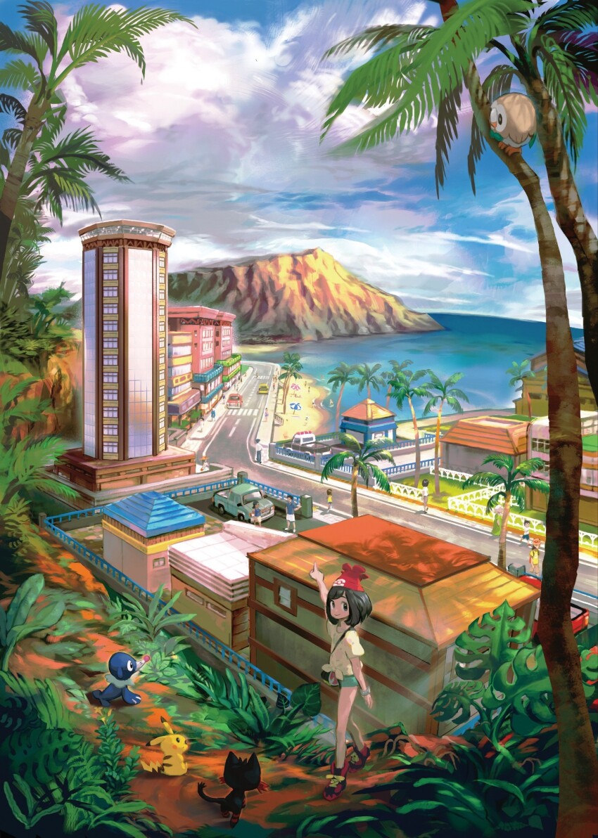 bag beach beach_umbrella black_eyes black_hair blue_sky building car city closed_mouth cloud cloudy_sky commentary creatures_(company) day english_commentary fern game_freak gen_1_pokemon gen_7_pokemon grass green_shorts hat highres in-universe_location kawaguchi_youhei leaf litten madame_(pokemon) medium_hair motor_vehicle multiple_boys multiple_girls nintendo ocean official_art outdoors palm_tree pikachu plant_roots pointing pokemon pokemon_(creature) pokemon_sm popplio red_hat road rowlet sand selene_(pokemon) shirt shoes shorts sightseer_(pokemon) sky smile standing starter_pokemon_trio street third-party_source tree truck umbrella water yellow_shirt z-ring