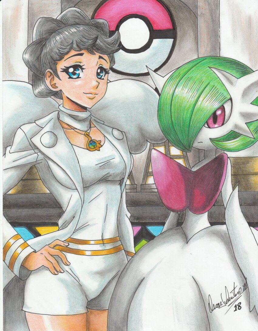 2girls blue_eyes bob_cut brown_hair colored_skin diantha_(pokemon) elbow_gloves gardevoir gen_3_pokemon gloves green_hair hair_over_one_eye hand_on_own_hip highres jacket mega_gardevoir mega_pokemon multiple_girls nintendo pink_eyes poke_ball_symbol pokemon pokemon_(creature) pokemon_xy ravernclouk signature white_gloves white_jacket white_skin