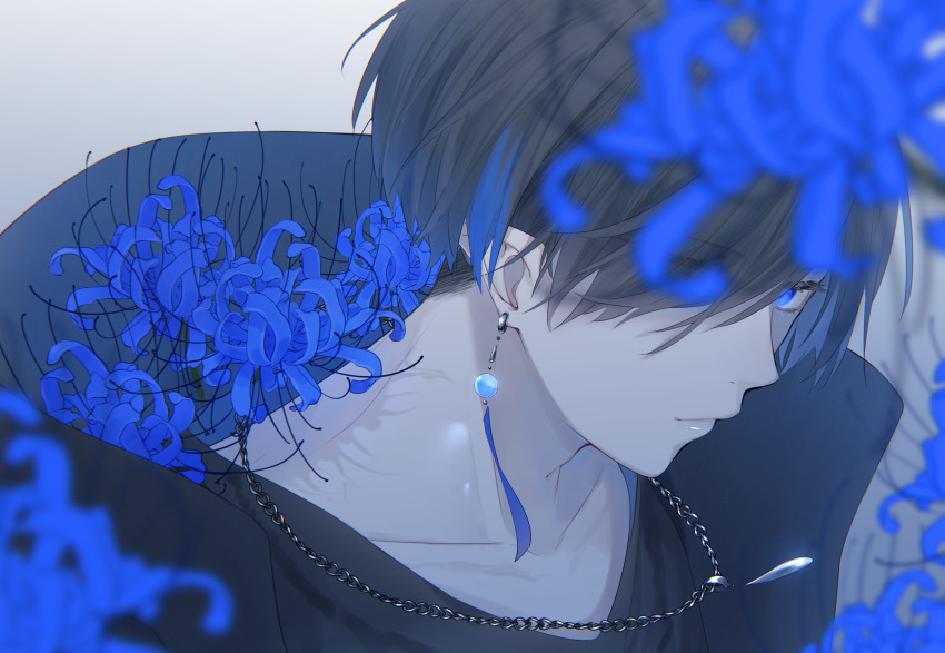1boy absurdres beads black_hair blue_eyes blue_flower blue_hair blue_spider_lily blue_theme blurry chain chain_necklace collarbone colored_tips depth_of_field earrings eyelashes eyes_visible_through_hair flower from_side grey_background hair_over_one_eye highres hood hood_basket hood_down jewelry lips looking_at_viewer male_focus multicolored_hair necklace one_eye_covered original portrait ribbon_earrings sideways_glance simple_background solo spider_lily streaked_hair tsuki_mitsu v-neck